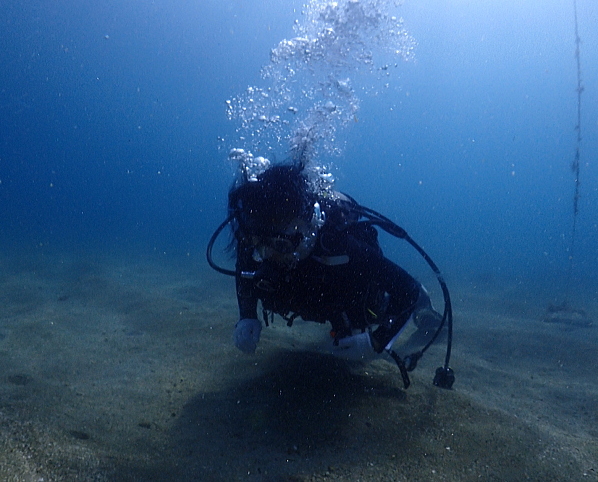 黄金崎の海中でホバリングに挑戦するゲストの様子